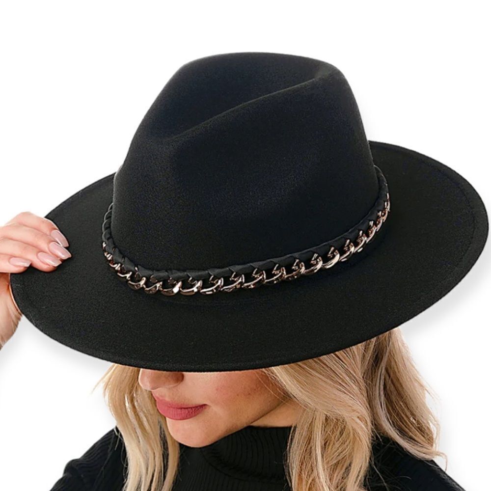 Wide Brim Dented Crown Chunky Cuban Chain Band Black Fedora Hat NEW